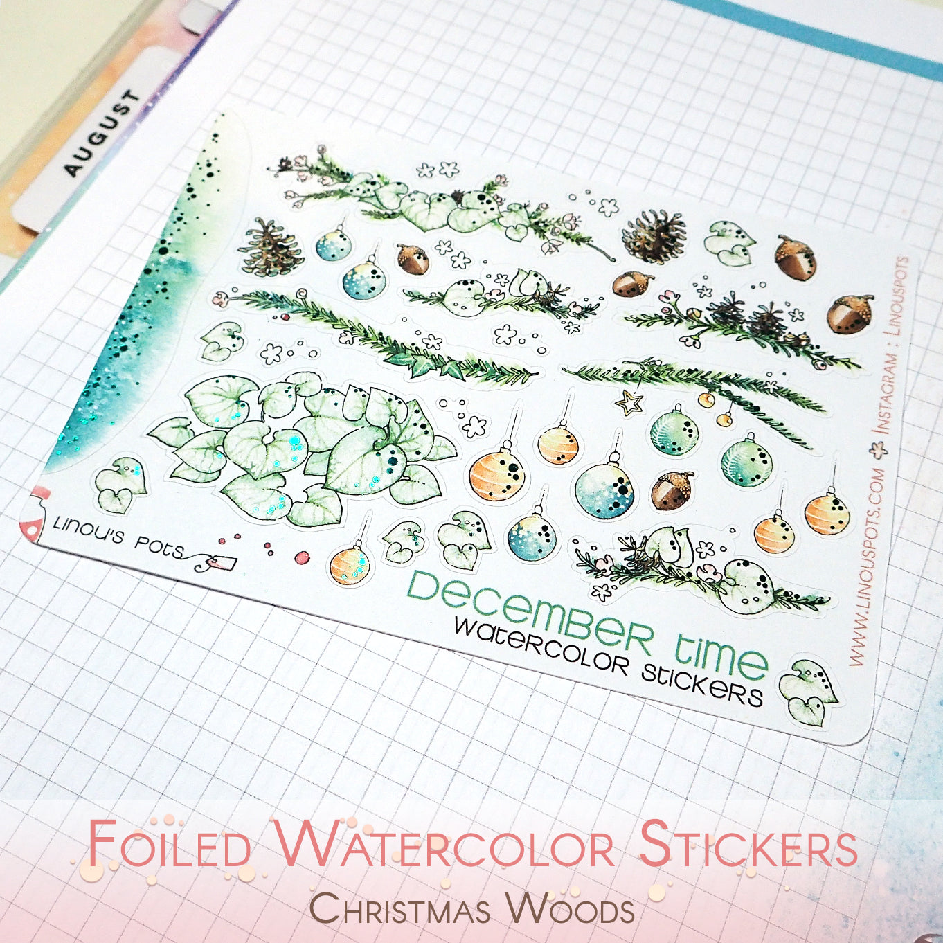 Watercolor decorative stickers with foiled details for Christmas