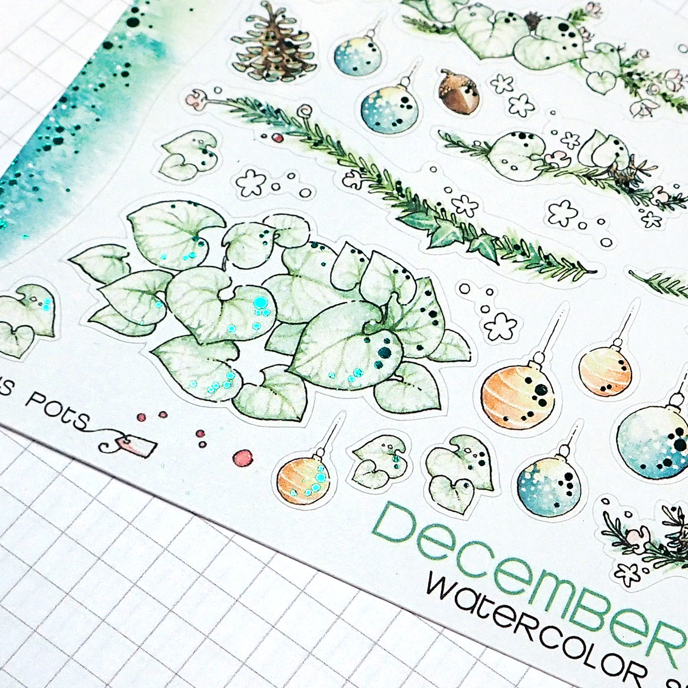 Watercolor decorative stickers with foiled details for Christmas