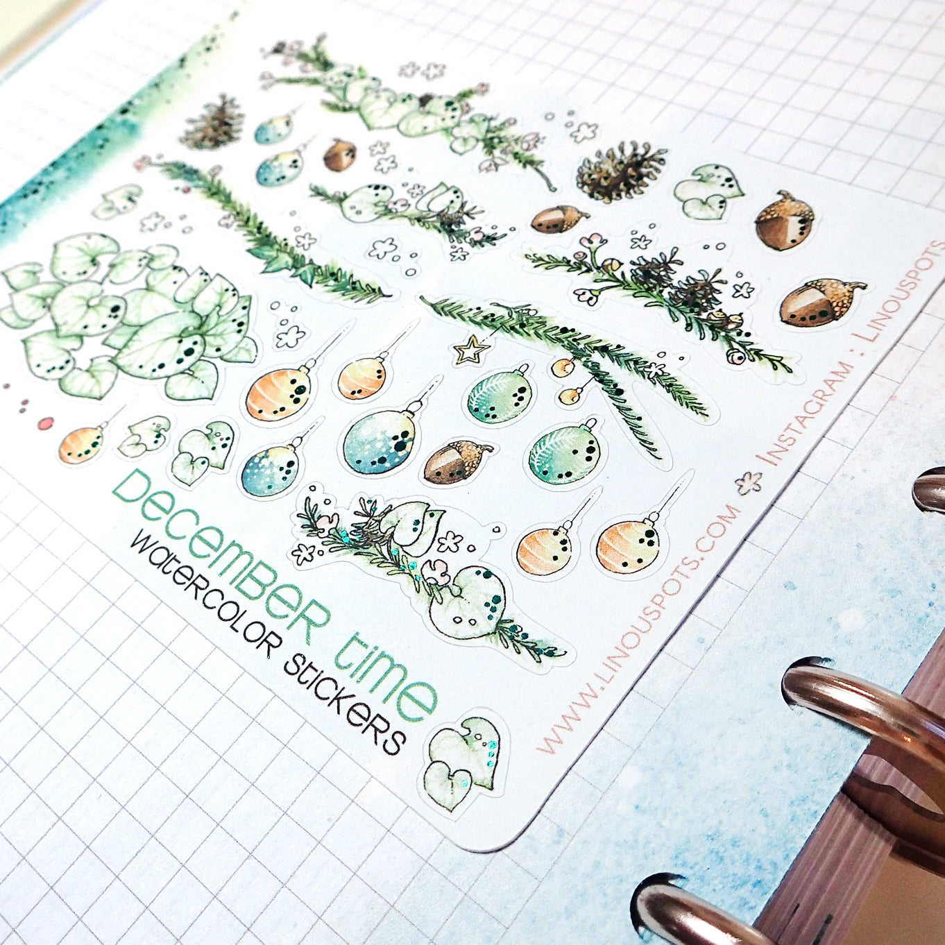 Watercolor decorative stickers with foiled details for Christmas