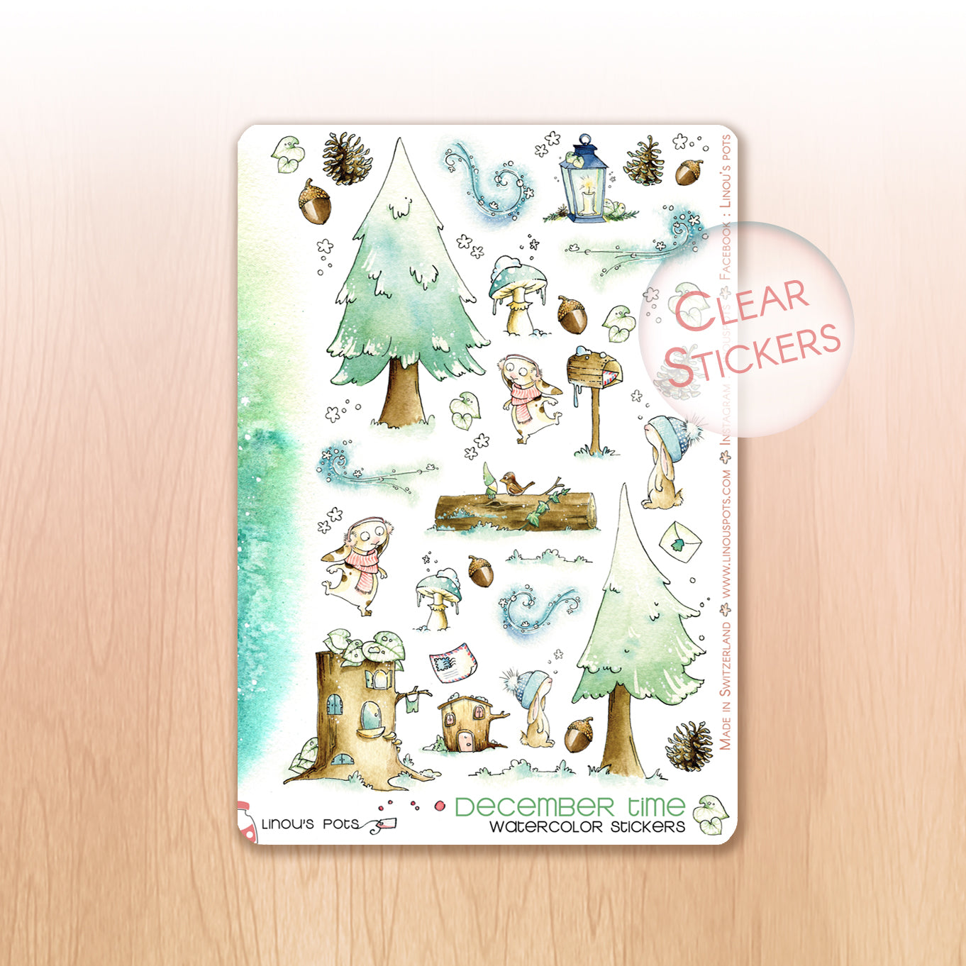 Watercolor planner stickers for Christmas with nature illustrations