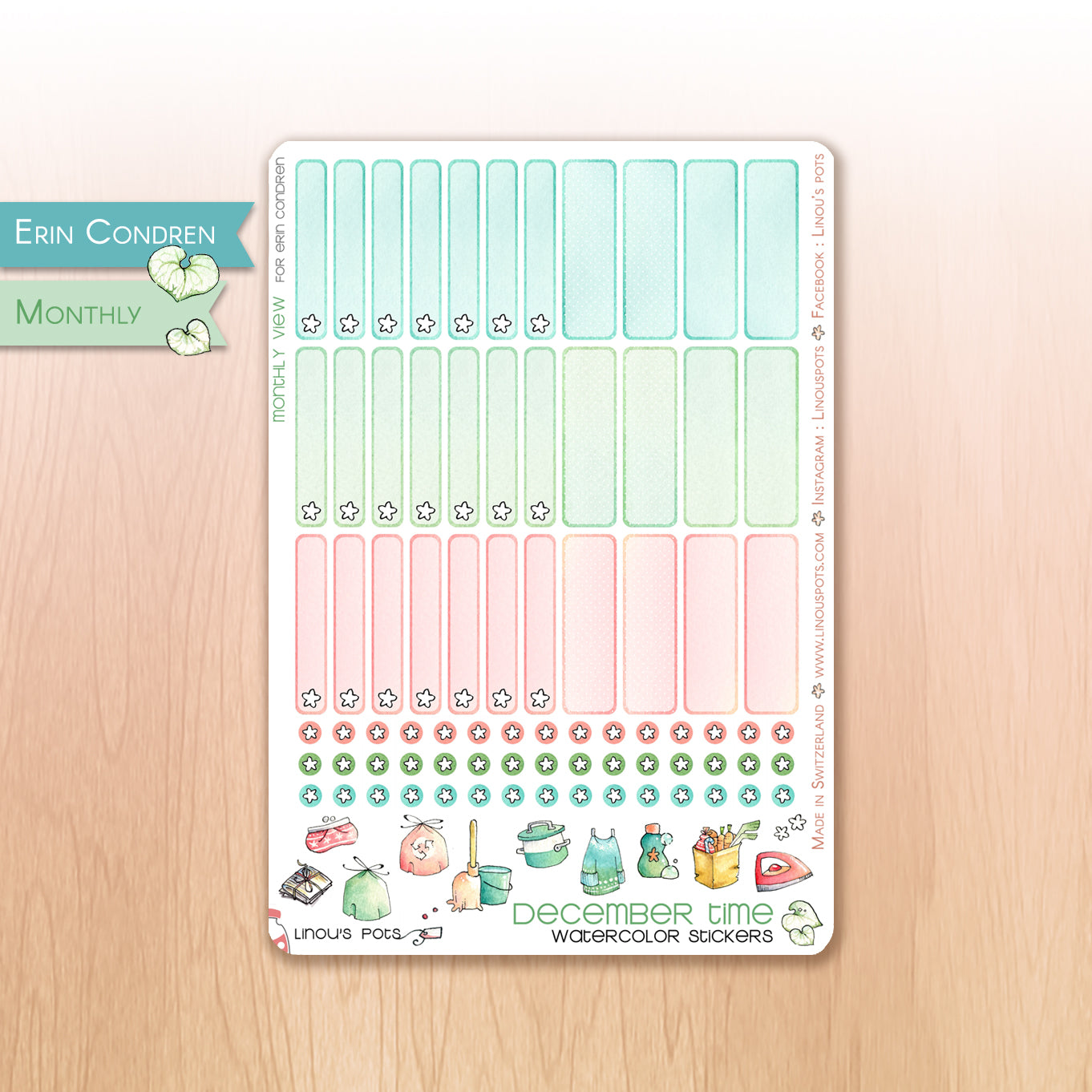 Monthly watercolor planner stickers in Christmas colors