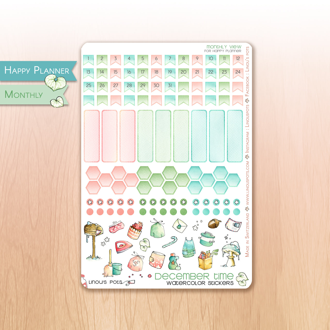 Monthly watercolor planner stickers in Christmas tones