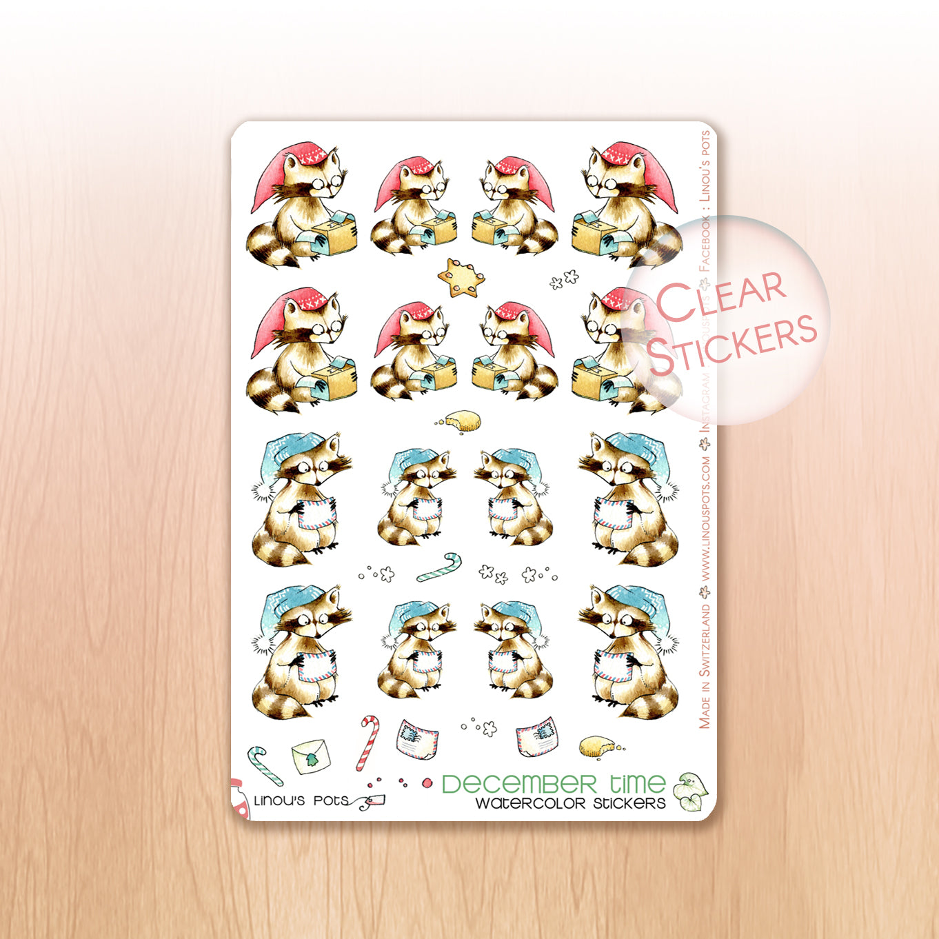 Christmas watercolor stickers with raccoons