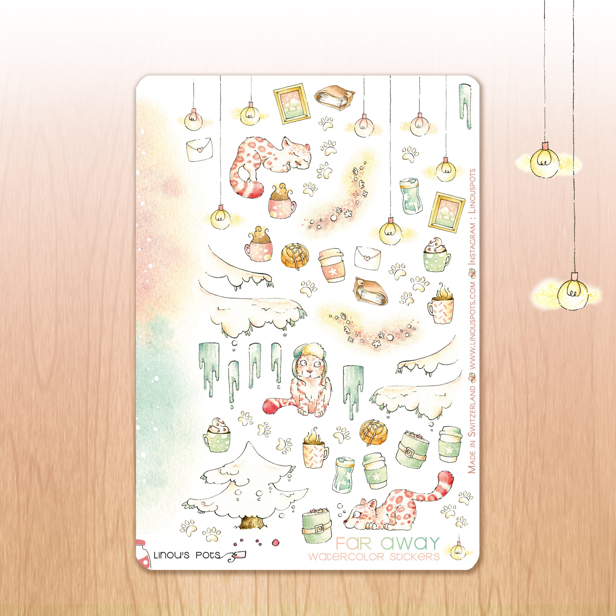 Watercolor illustrative planner stickers with snow leopards