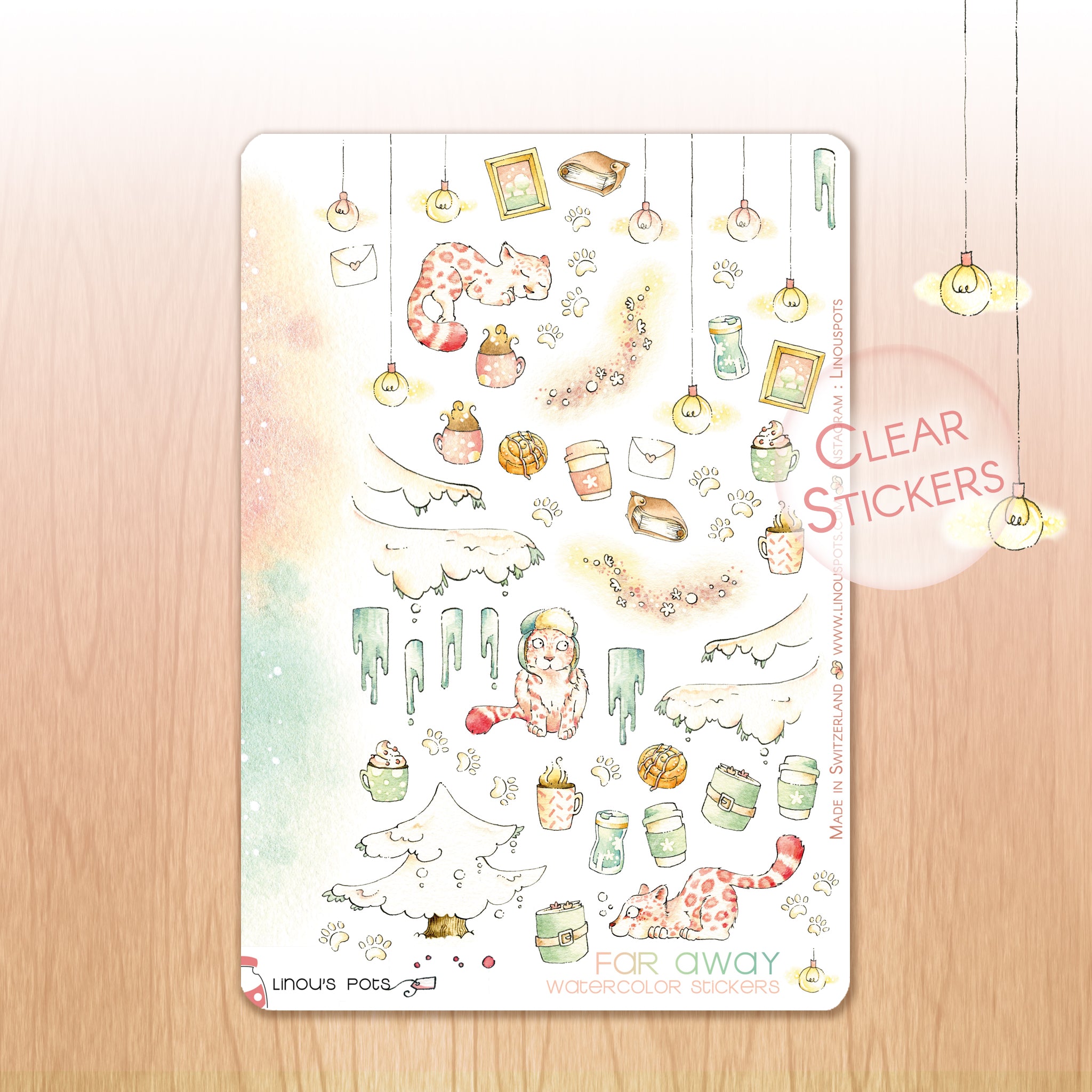 Watercolor illustrative planner stickers with snow leopards