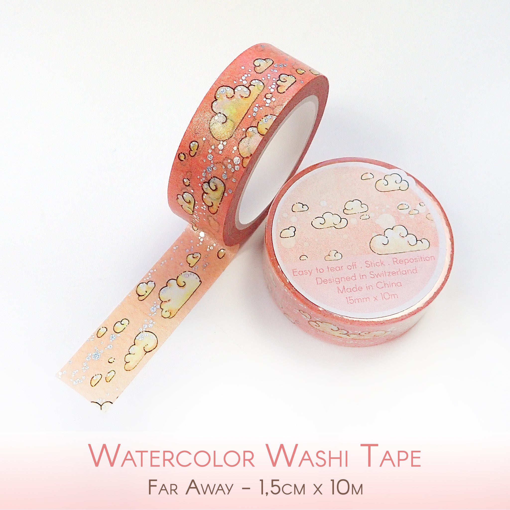 Watercolor foiled washi tape with clouds in pink tones