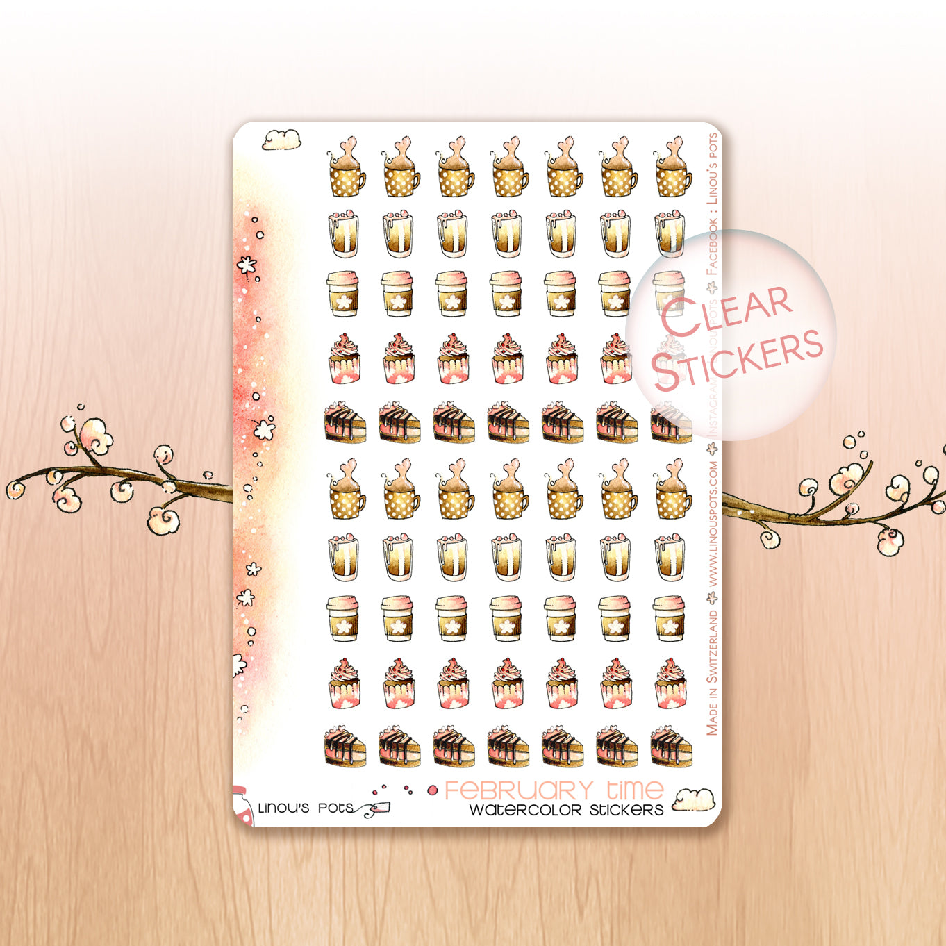 Love Is In The Air - Decorative Watercolor Stickers - Hot Beverages &amp; Cakes