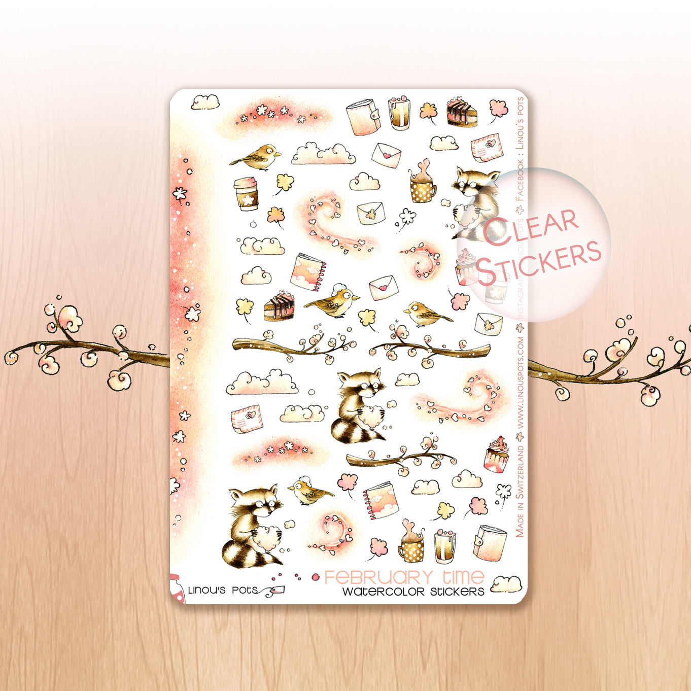 Watercolored love filled stickers with raccoons - clear finition
