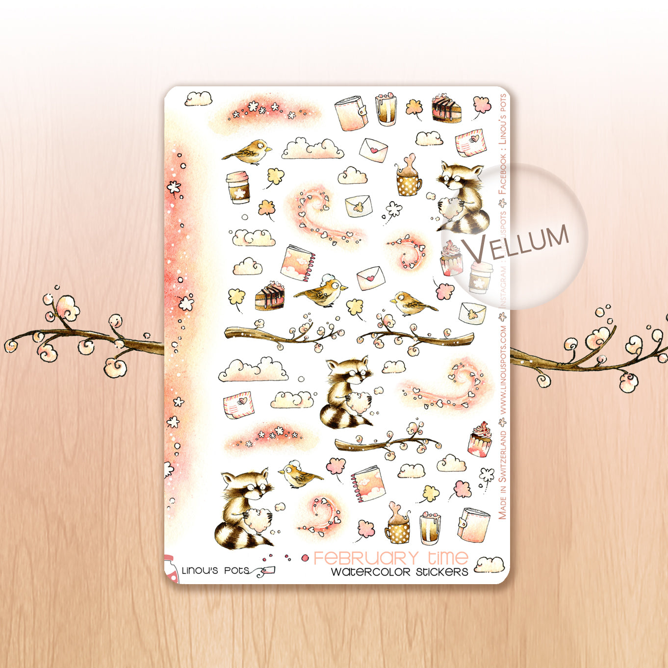 Watercolored love filled stickers with raccoons - vellum finition