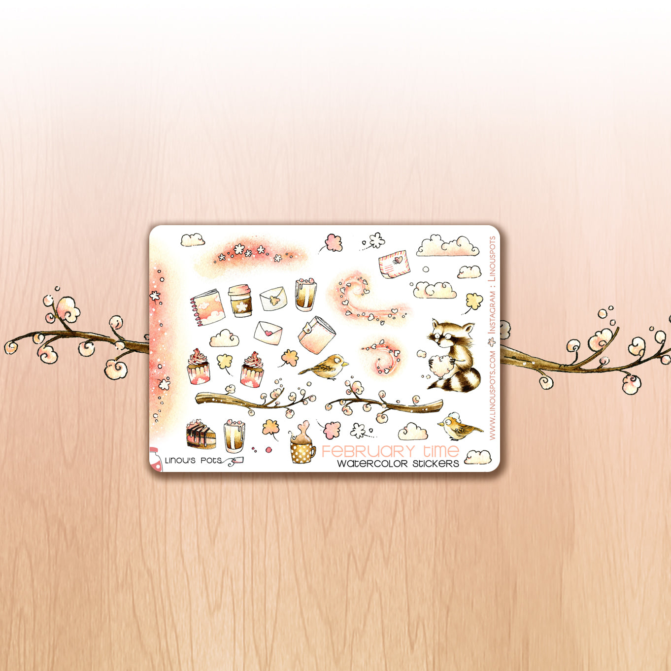 Love Is In The Air - Decorative Watercolor Stickers MINI - Clouds, Birds &amp; Raccoon