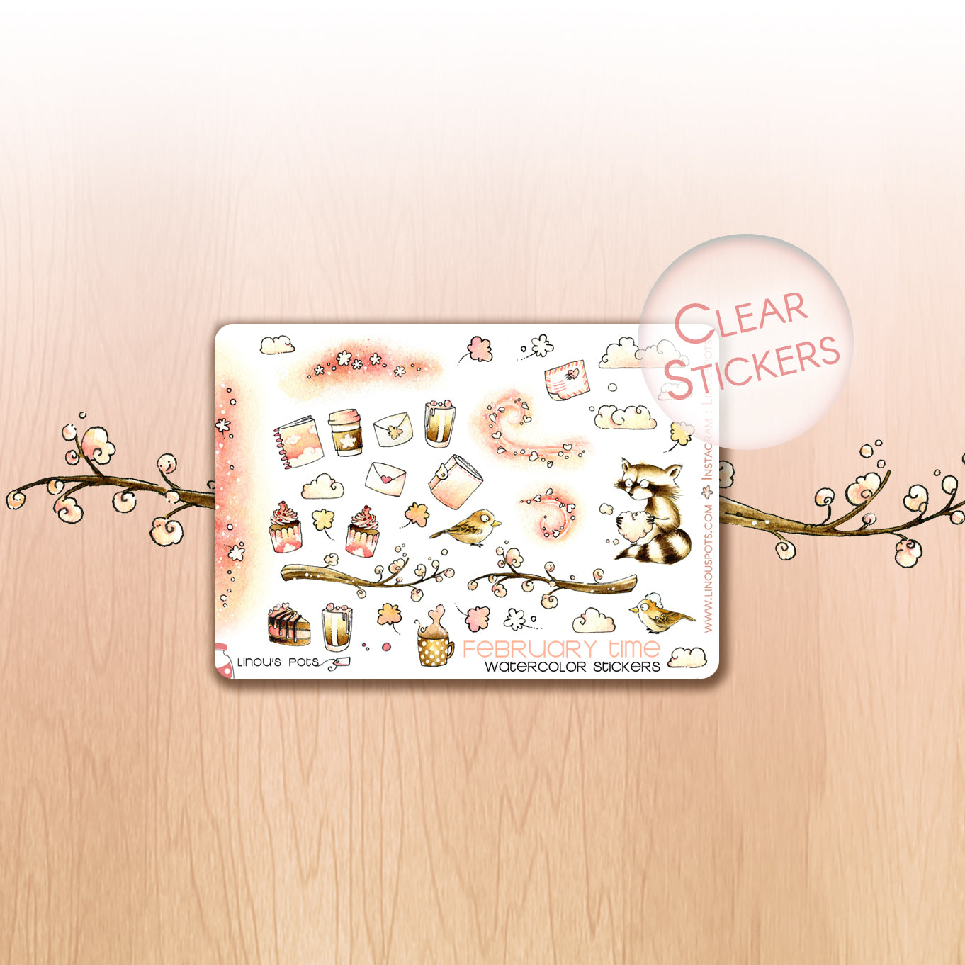 Love Is In The Air - Decorative Watercolor Stickers MINI - Clouds, Birds &amp; Raccoon