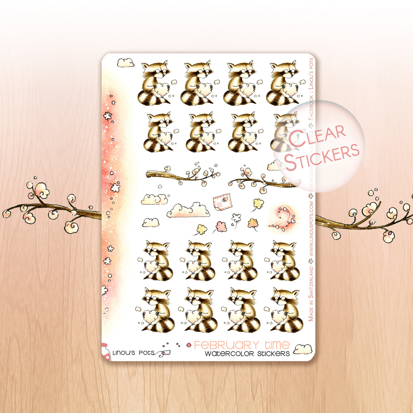 Love Is In The Air - Decorative Watercolor Stickers - Raccoon Giving Love