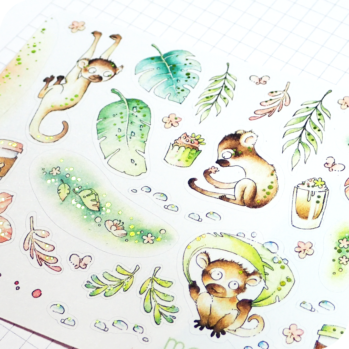 Off The Clock – Foiled Decorative Watercolor Stickers - Monkeys under the Rain