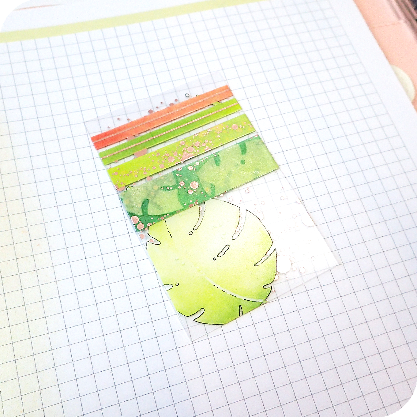 Transparent washi card with fresh leaves watercolor illustrations