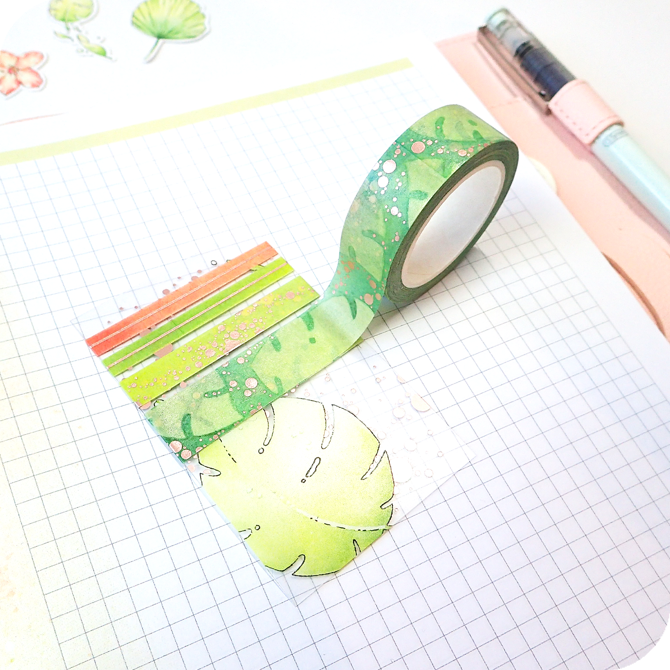 Transparent washi card with fresh leaves watercolor illustrations