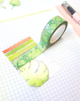 Transparent washi card with fresh leaves watercolor illustrations