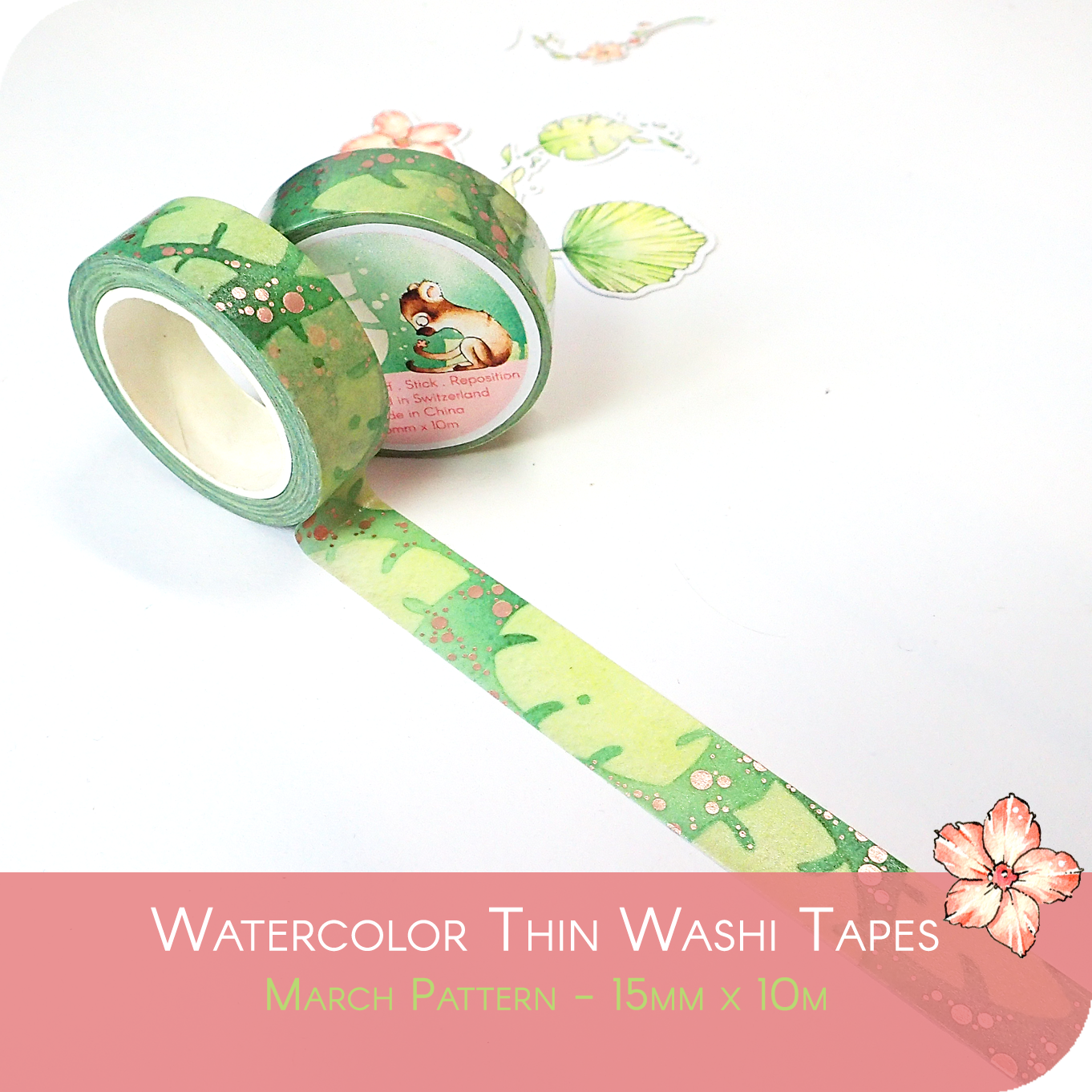 Off The Clock - Foiled Washi Tape - Tropical Leaves with Rose Gold Foil