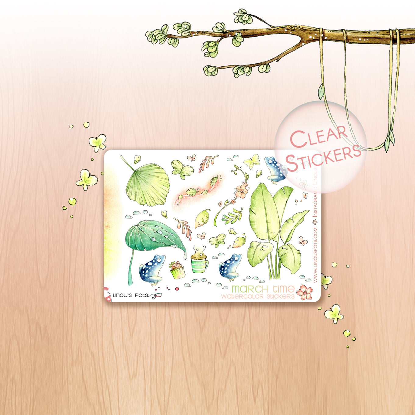 Off The Clock - Decorative Watercolor Stickers MINI - Frogs &amp; Leaves