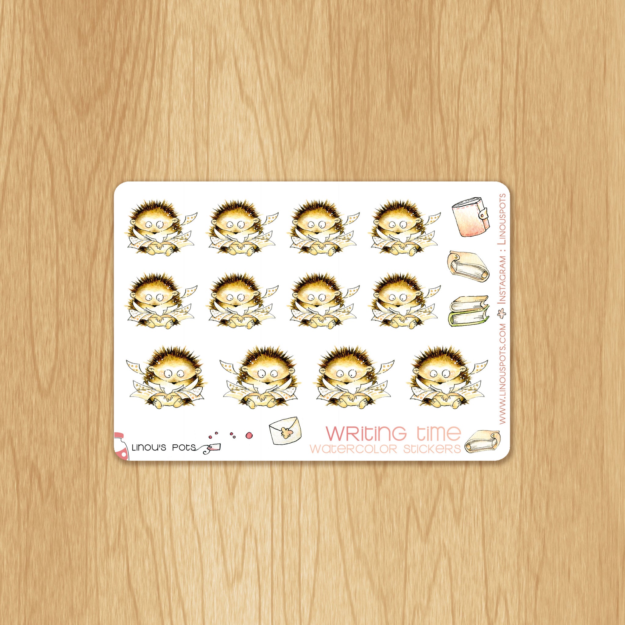 Writing Time - Decorative Watercolor Stickers - Hedgehogs and Stickers