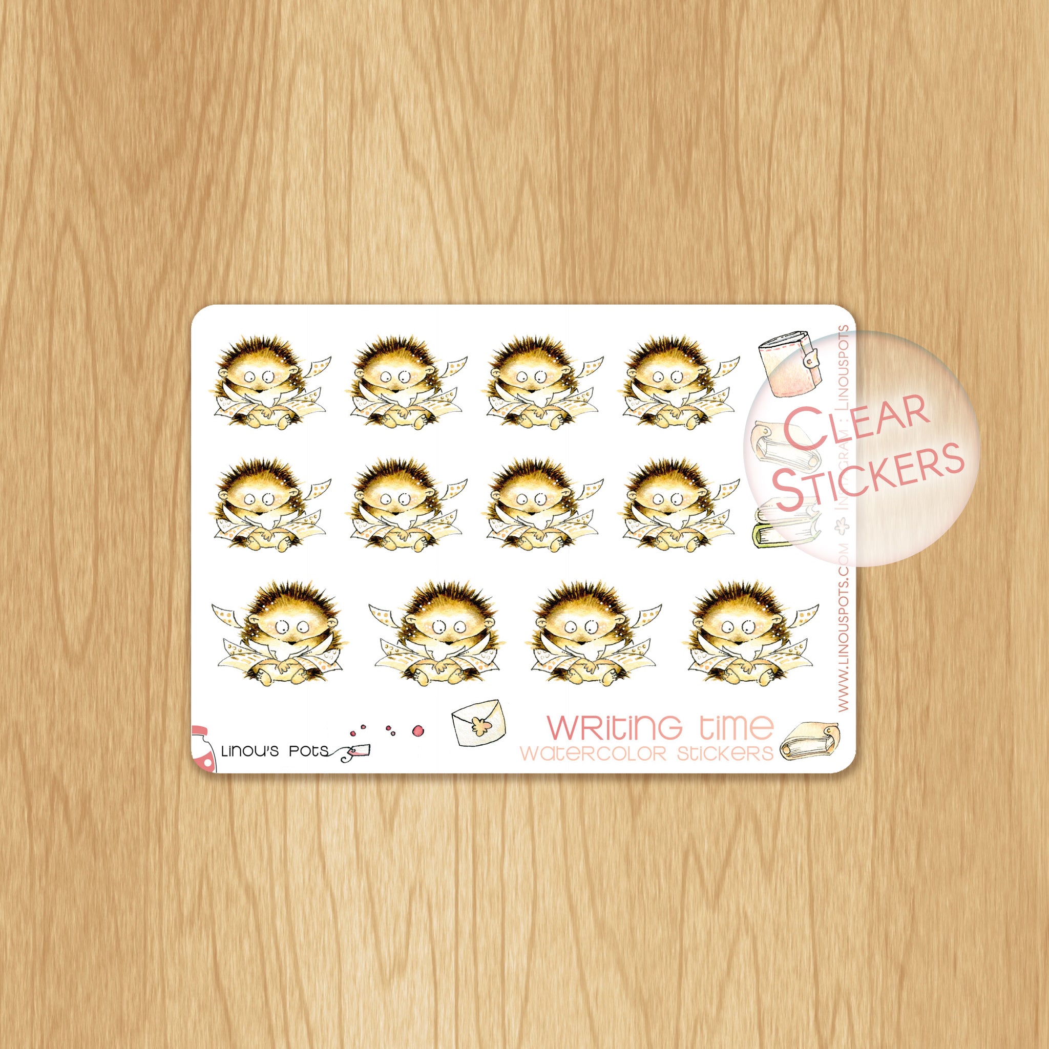 Writing Time - Decorative Watercolor Stickers - Hedgehogs and Stickers