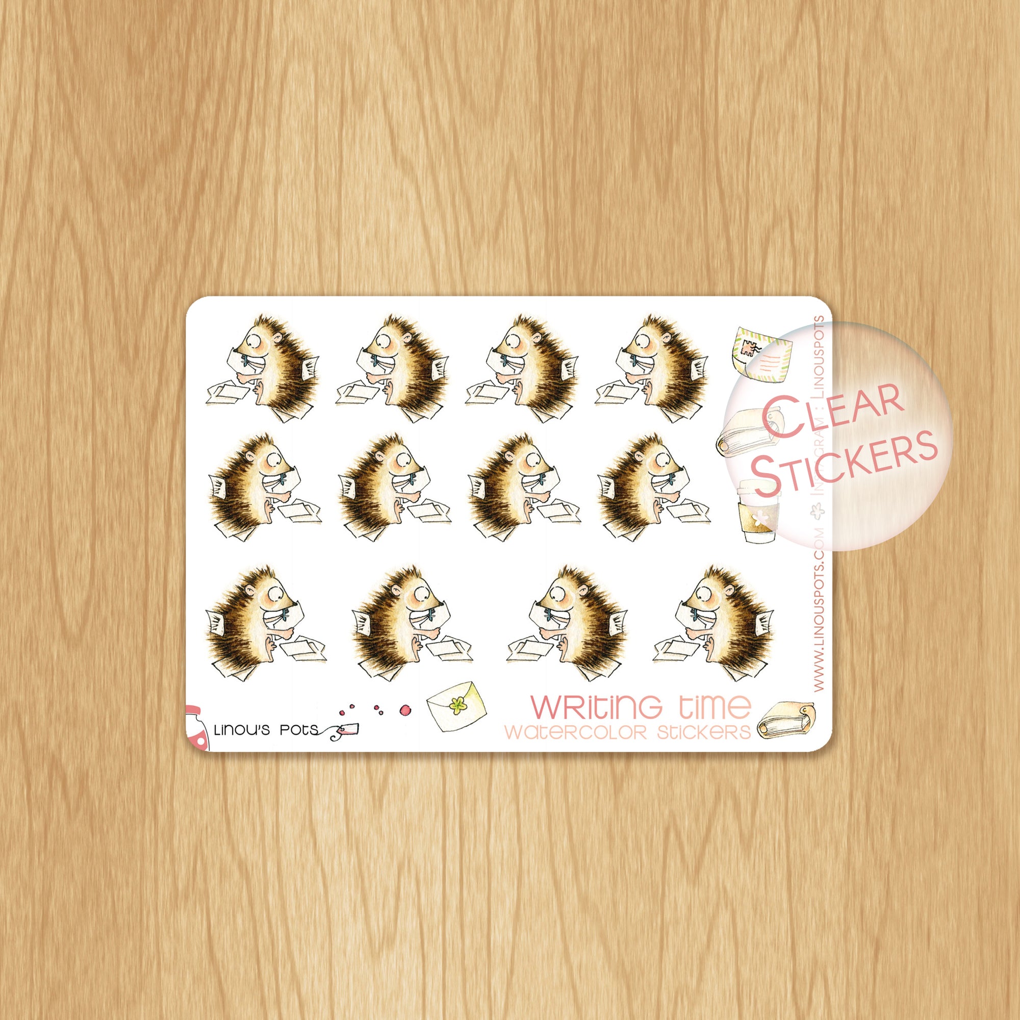 Writing Time - Decorative Watercolor Stickers - Writing Hedgehogs