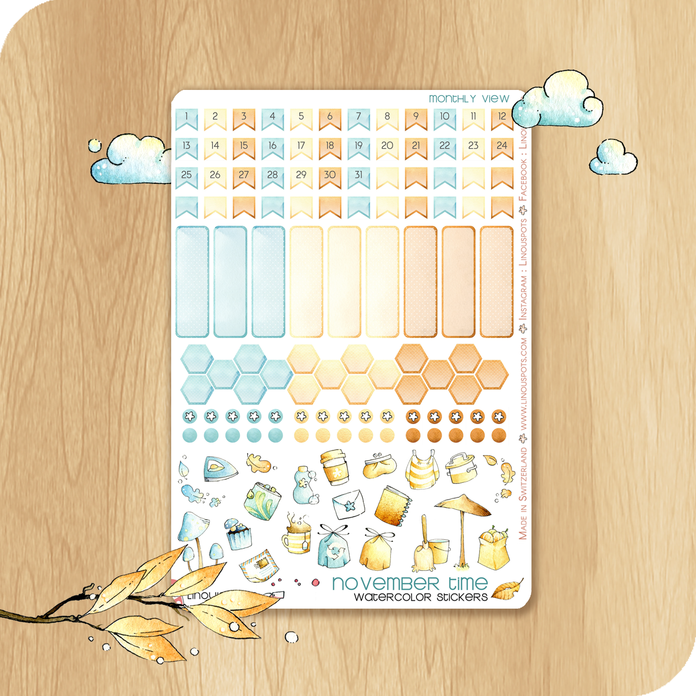 Feathery Fall - Watercolor Planner Stickers - Monthly Dates