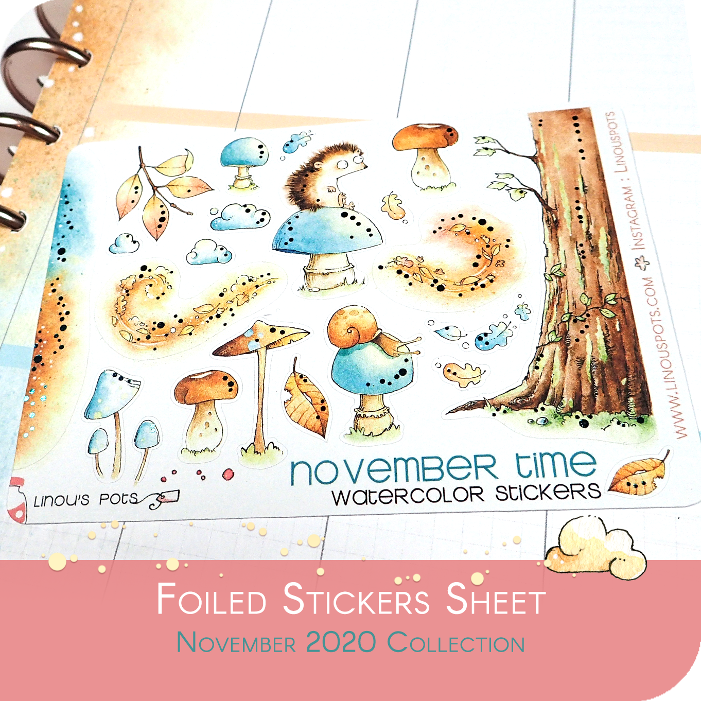 Feathery Fall - Decorative Watercolor Stickers MINI - Hedgehogs On Mushrooms FOILED ✨