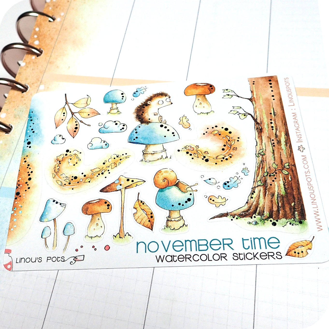 Feathery Fall - Decorative Watercolor Stickers MINI - Hedgehogs On Mushrooms FOILED ✨