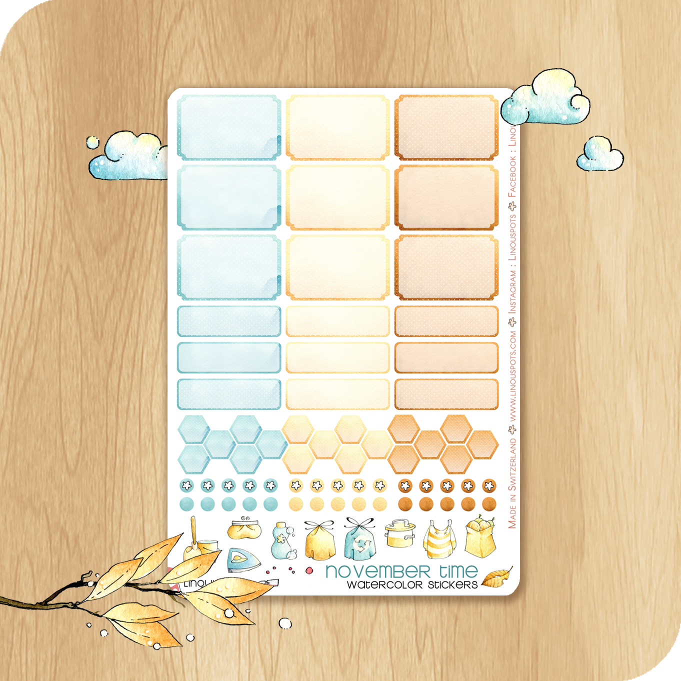 Feathery Fall - Watercolor Planner Stickers - 1,5&#39;&#39; Hemiboxes &amp; Eventboxes