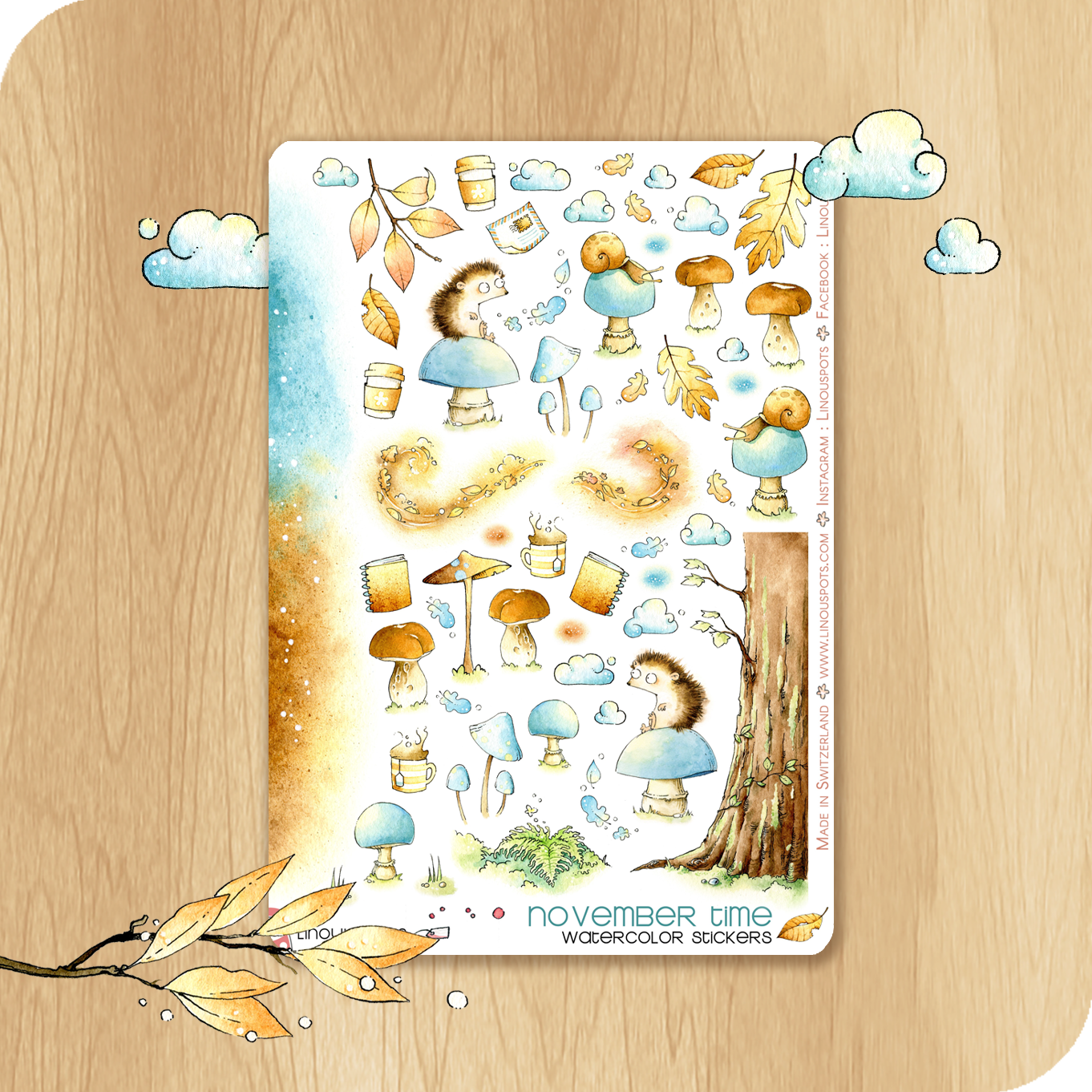 watercolor stickers in a fall mood with hedgehogs on mushrooms