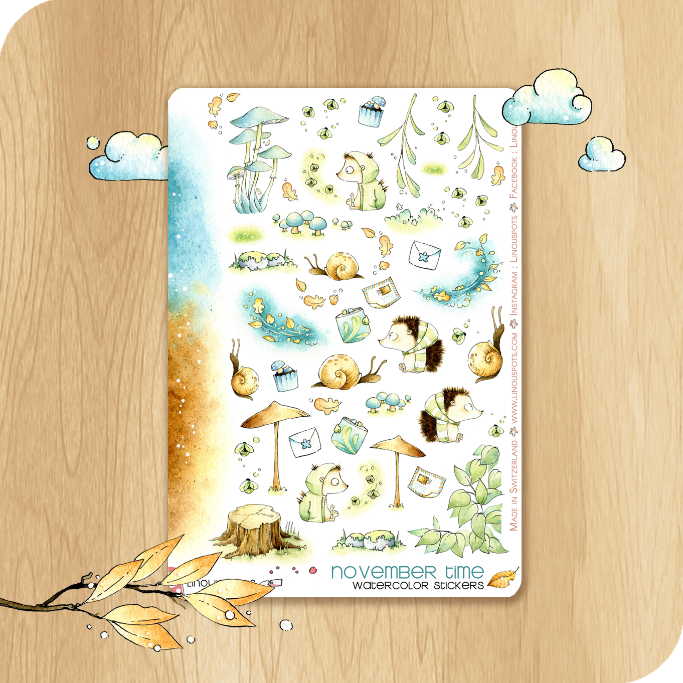 Feathery Fall - Decorative Watercolor Stickers - Hedgehogs With Lightening Bugs