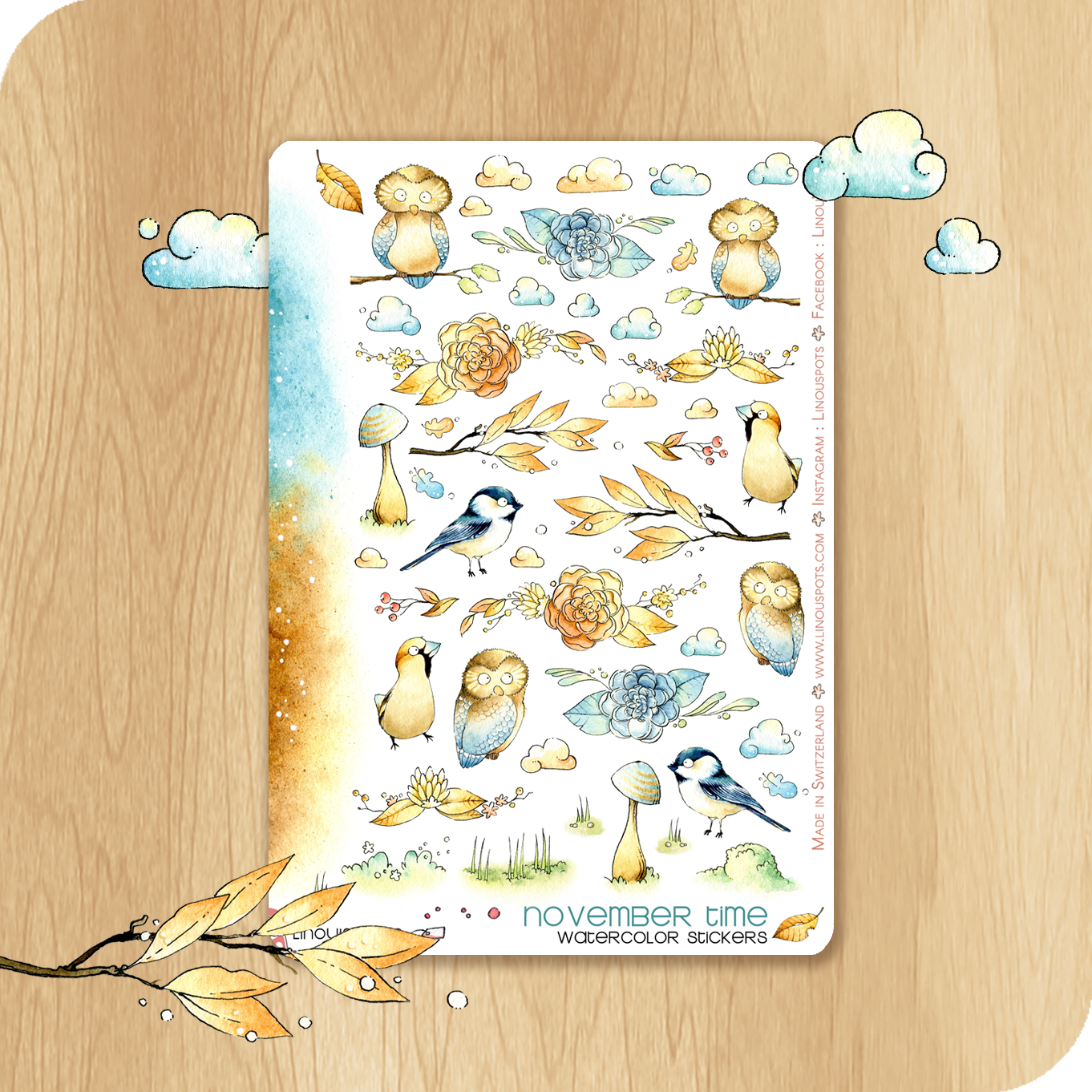 Feathery Fall - Decorative Watercolor Stickers - Birds