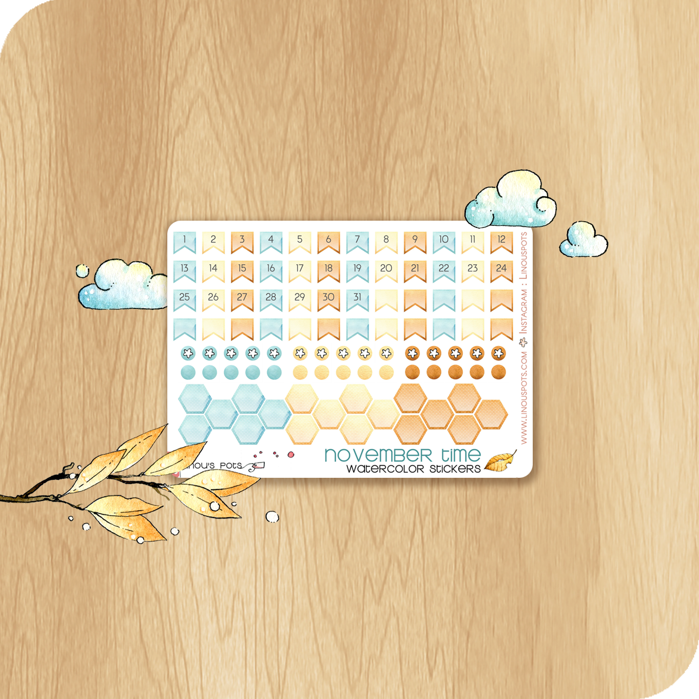 Feathery Fall - Decorative Watercolor Stickers MINI - Monthly dates