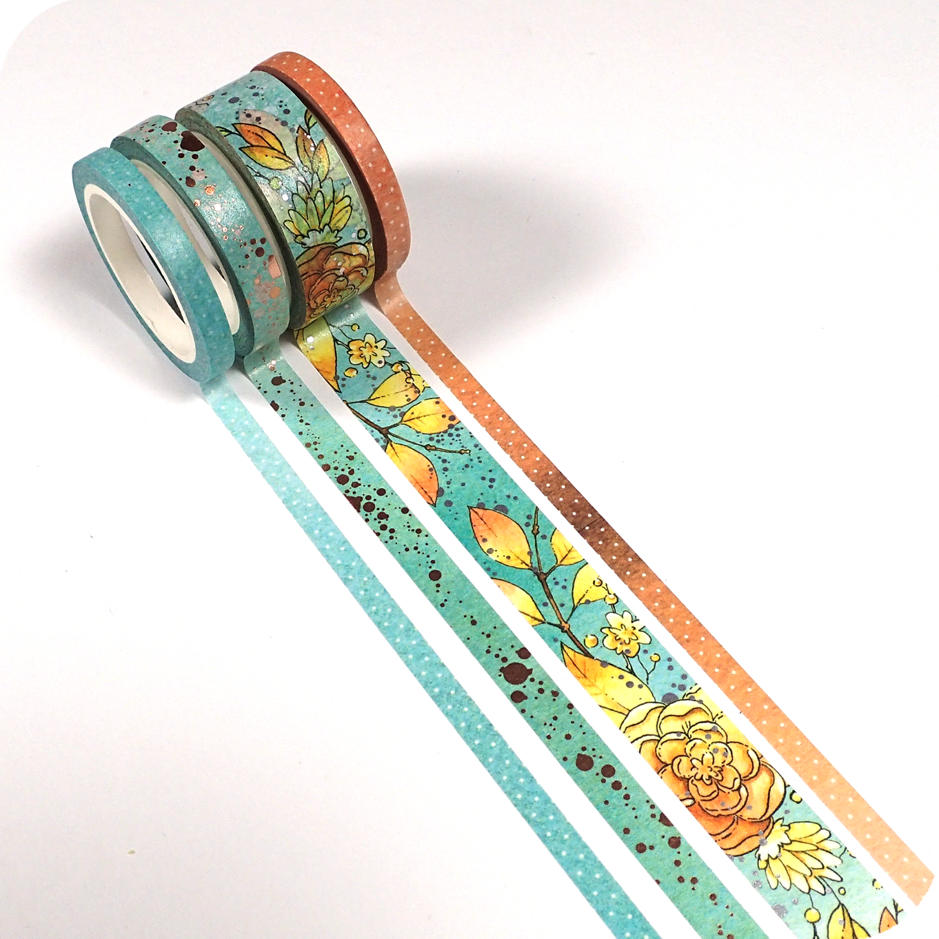 Feathery Fall - 8mm Washi Tape - Blue with Copper Foiled Spots