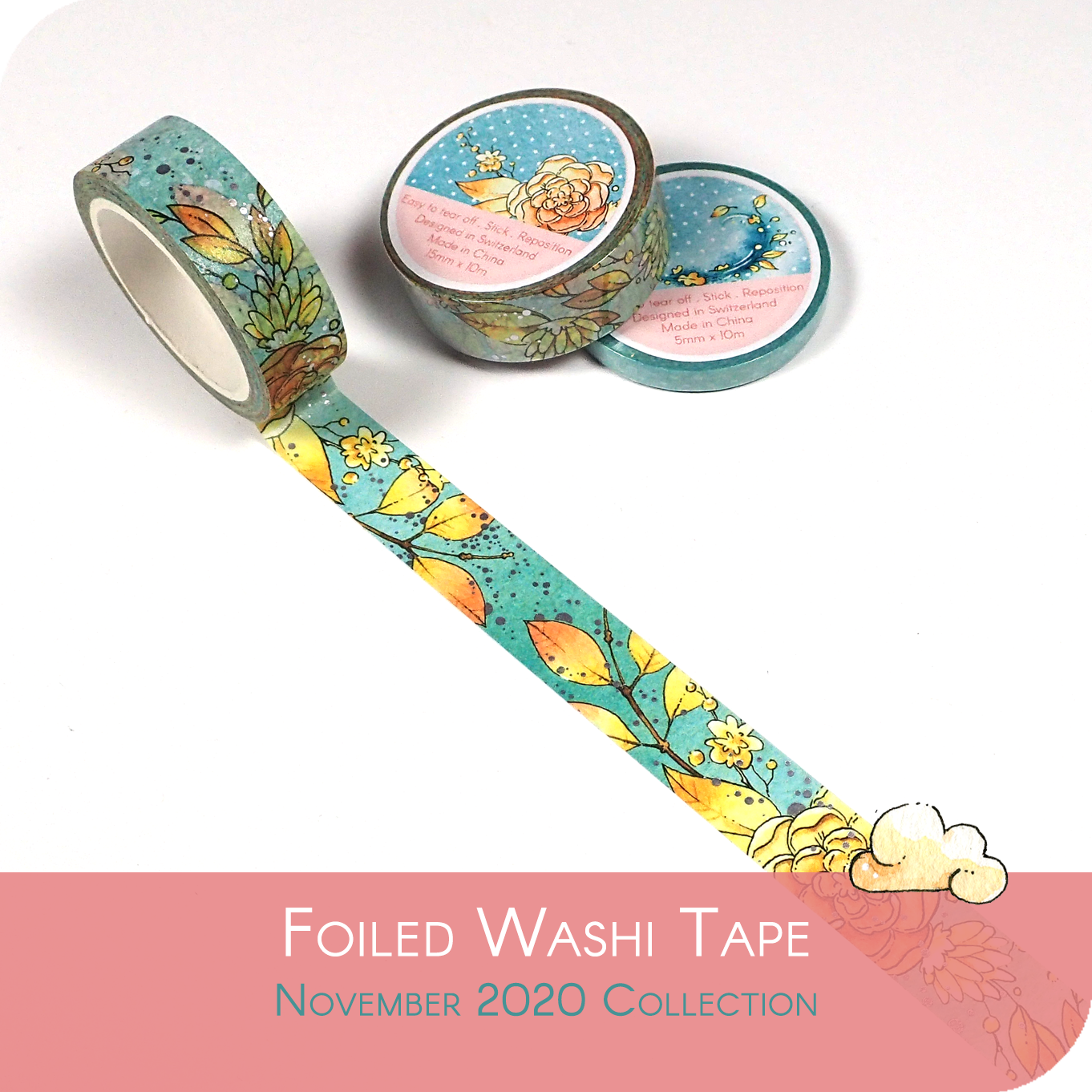 Feathery Fall - Foiled Washi Tape - Fall Flowers with blue silber details