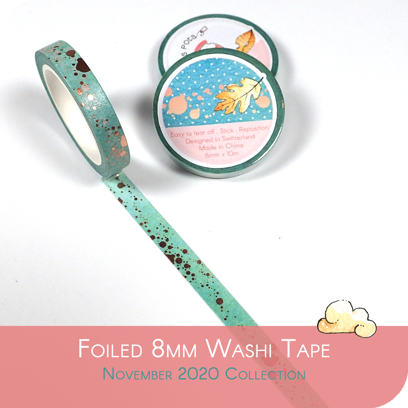 Feathery Fall - 8mm Washi Tape - Blue with Copper Foiled Spots