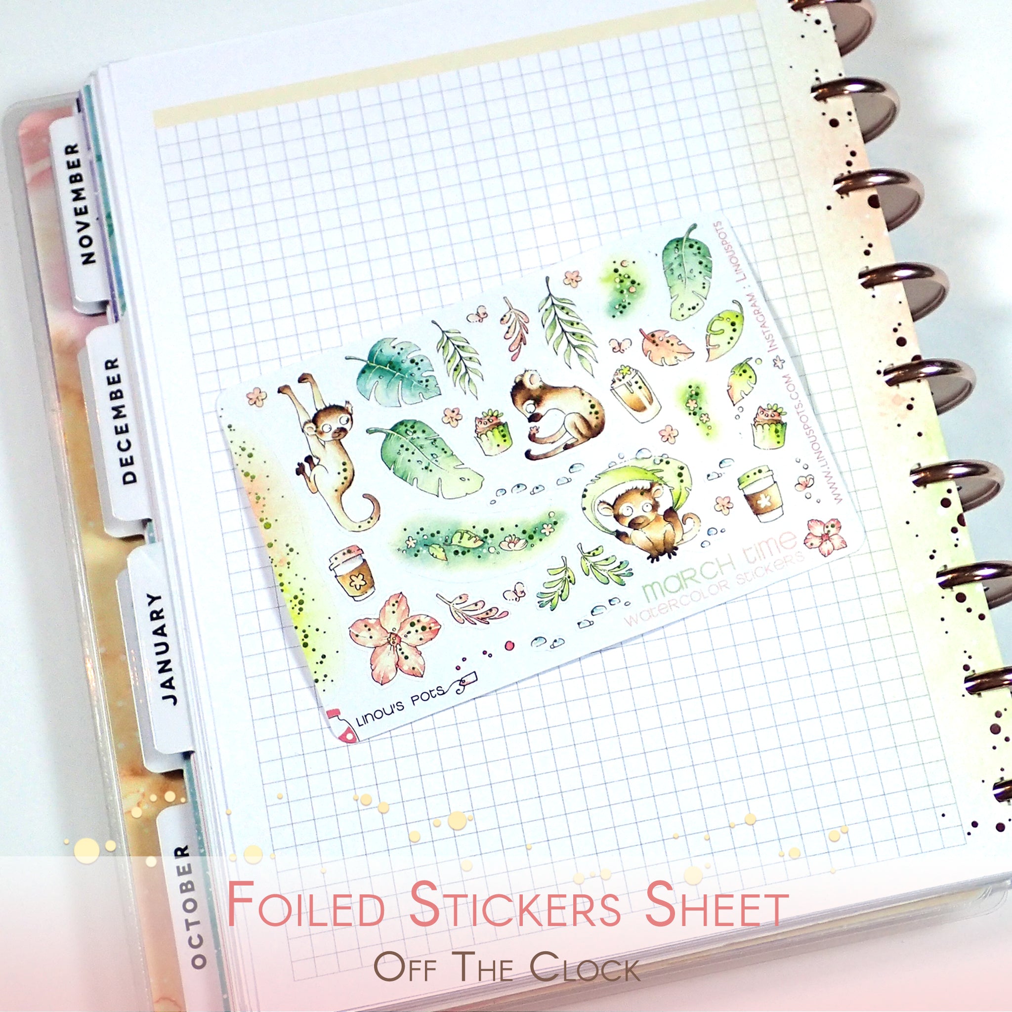 Off The Clock – Foiled Decorative Watercolor Stickers - Monkeys under the Rain