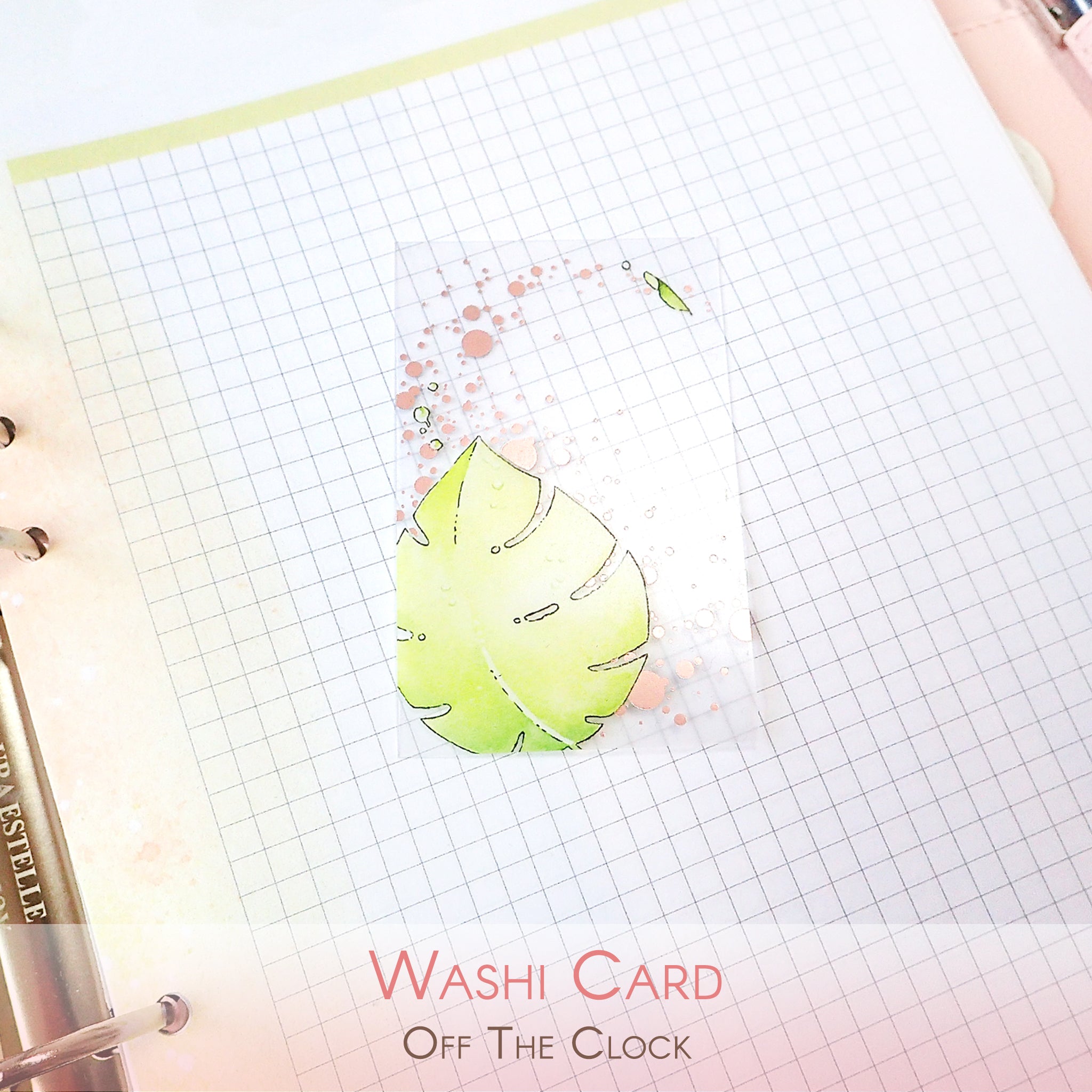 Transparent washi card with fresh leaves watercolor illustrations