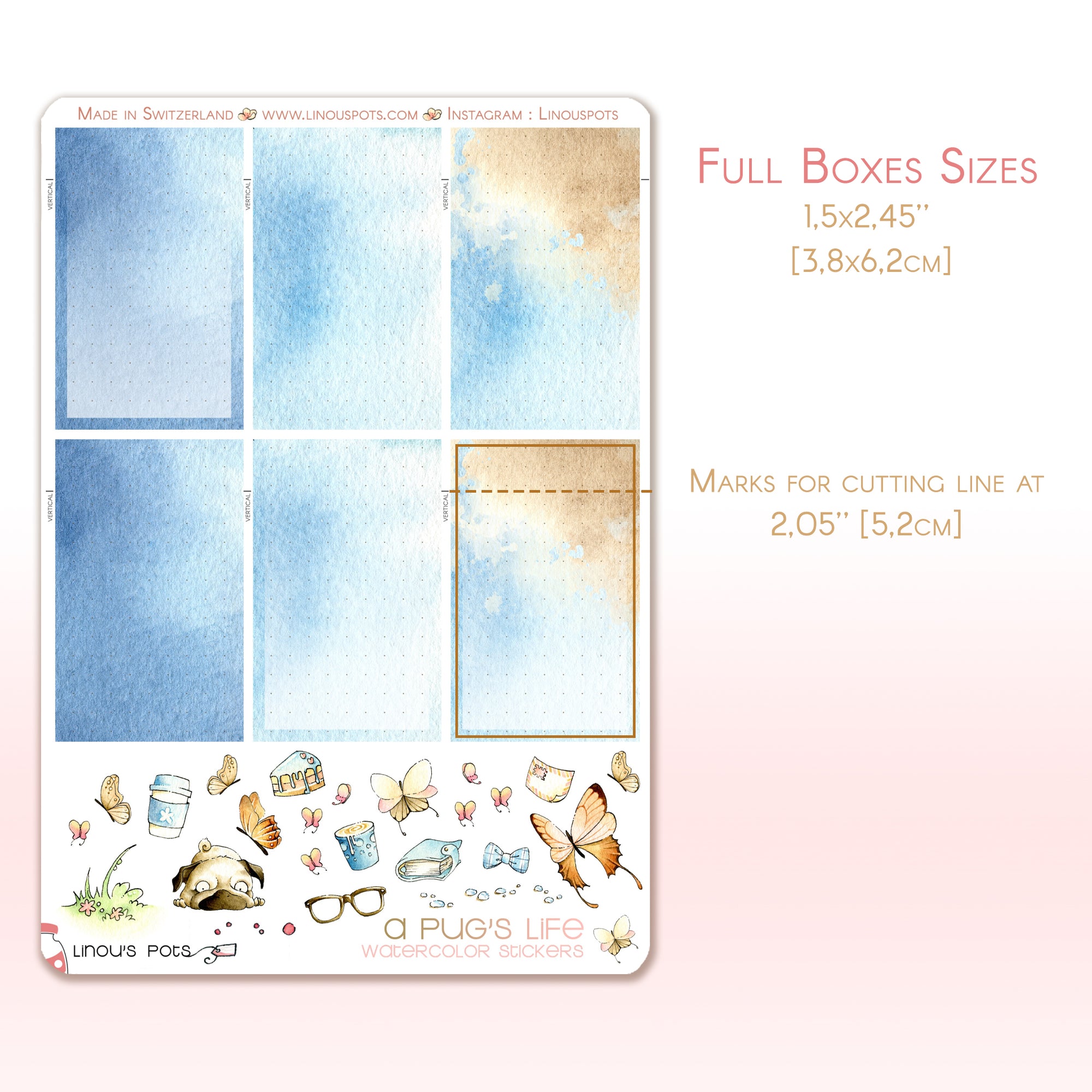 A Pug&#39;s Life - Watercolor Planner Stickers - 1,5’’ Fullboxes Blue
