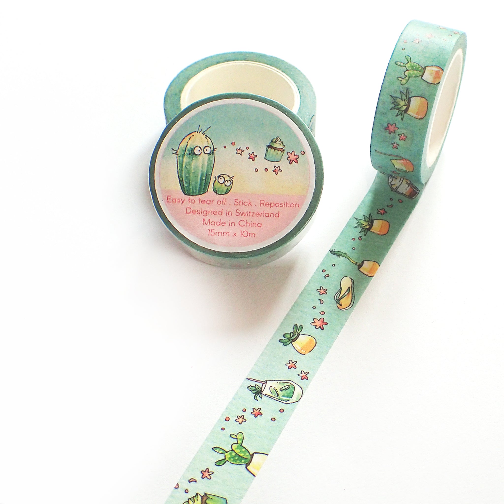 Playing In The Sand - 15mm Washi Tape - Cactus and Succulents Turquoise