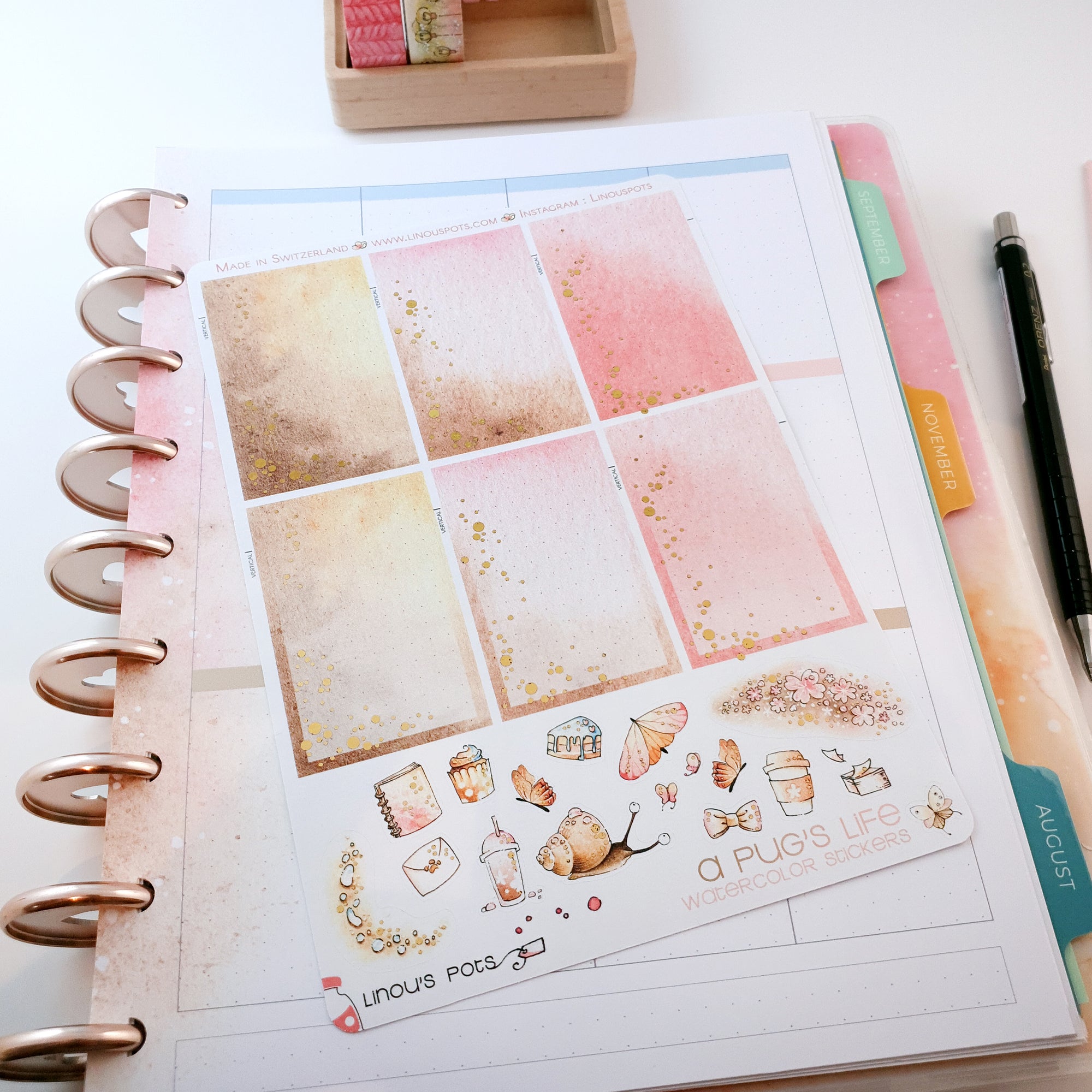 A Pug&#39;s Life - Watercolor Planner Stickers - Foiled 1,5’’ Fullboxes Pink ✨