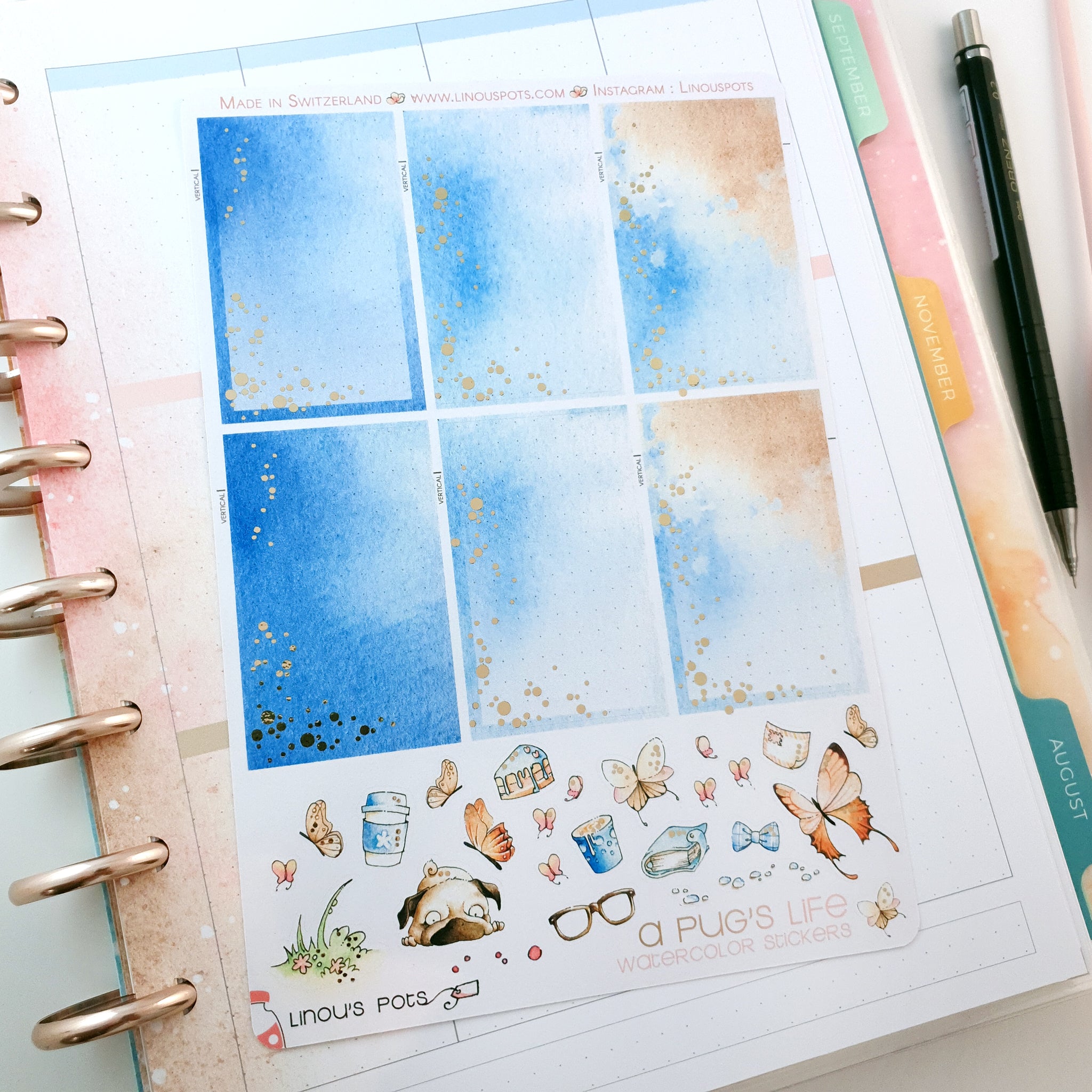 A Pug&#39;s Life - Watercolor Planner Stickers - Foiled 1,5’’ Fullboxes Blue ✨