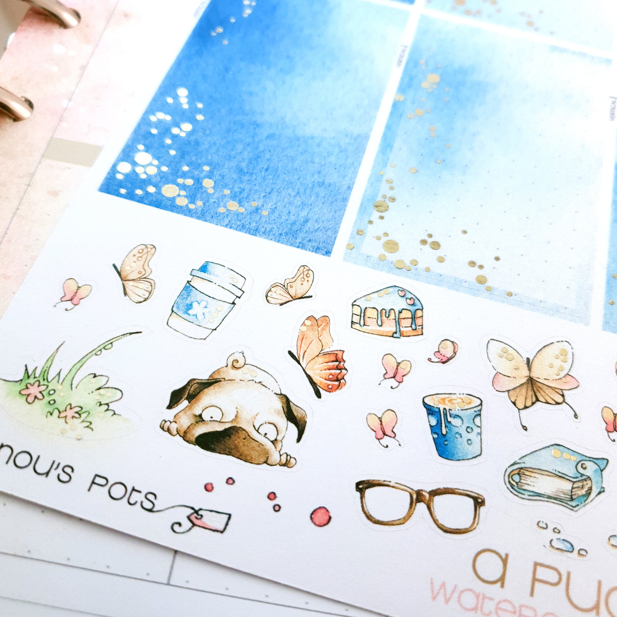A Pug&#39;s Life - Watercolor Planner Stickers - Foiled 1,5’’ Fullboxes Blue ✨
