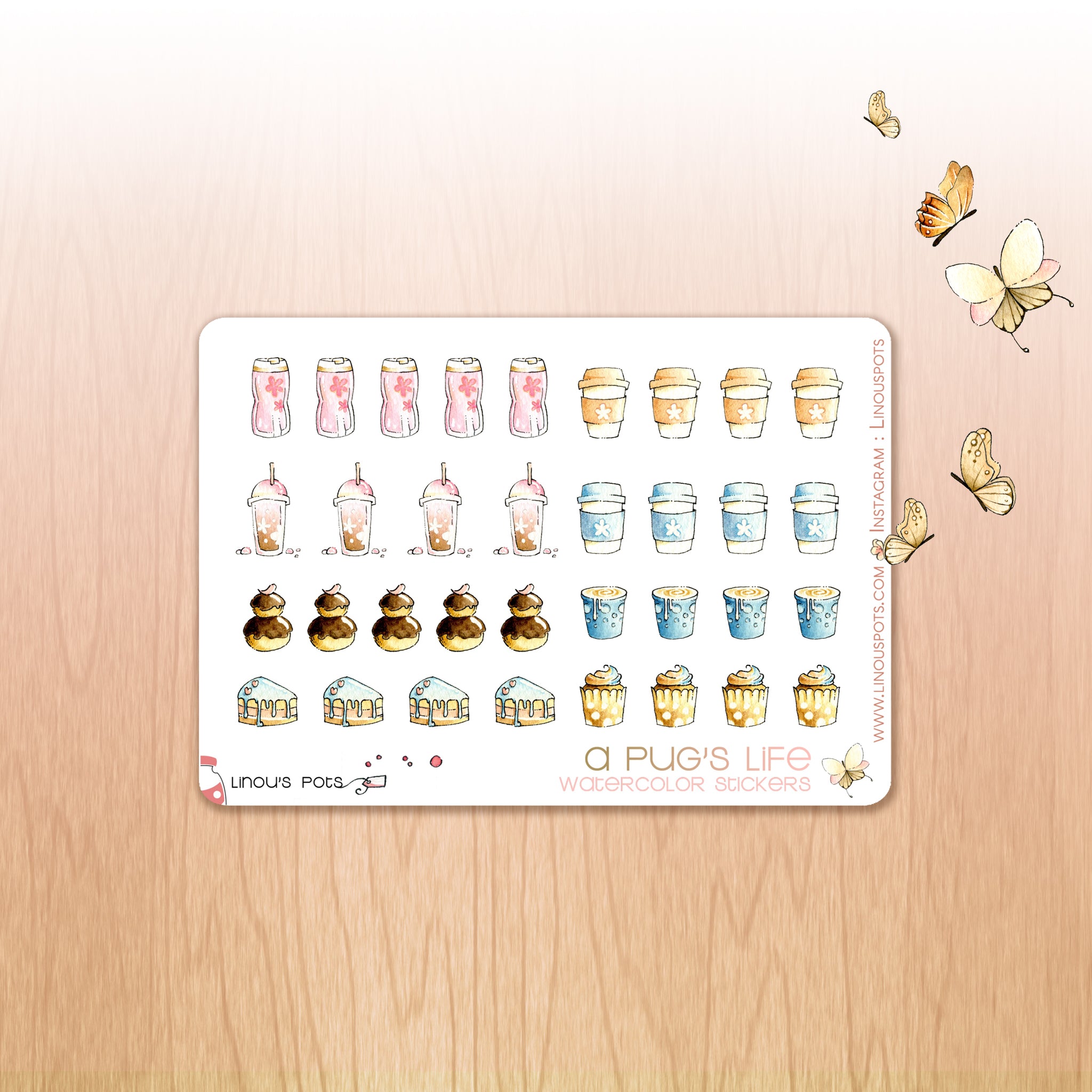 A Pug&#39;s Life - Decorative Watercolor Stickers MINI - Drinks &amp; Cakes