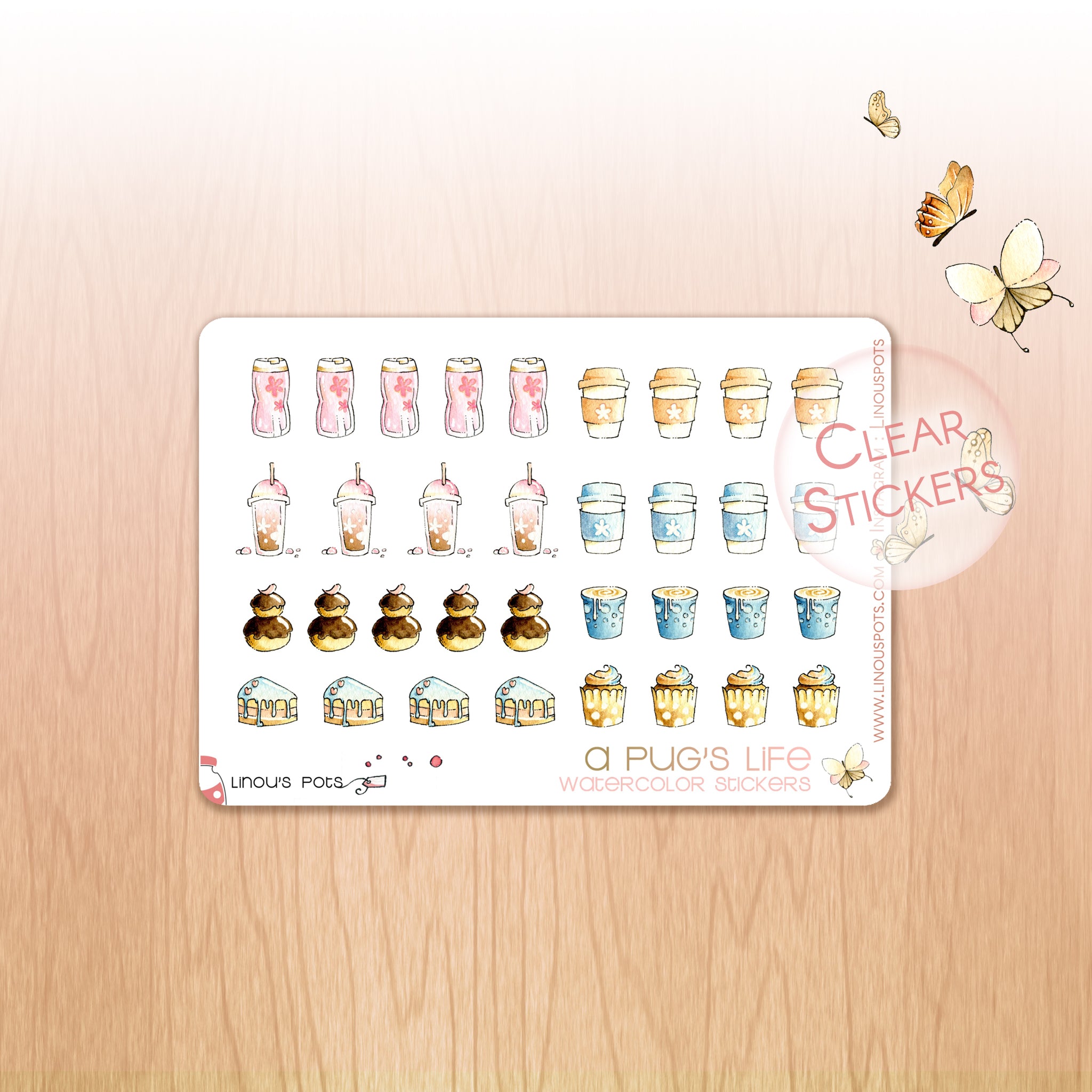 A Pug's Life - Decorative Watercolor Stickers MINI - Drinks & Cakes ...