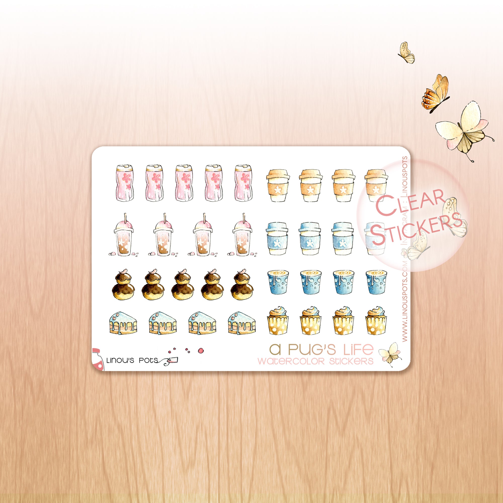 A Pug&#39;s Life - Decorative Watercolor Stickers MINI - Drinks &amp; Cakes