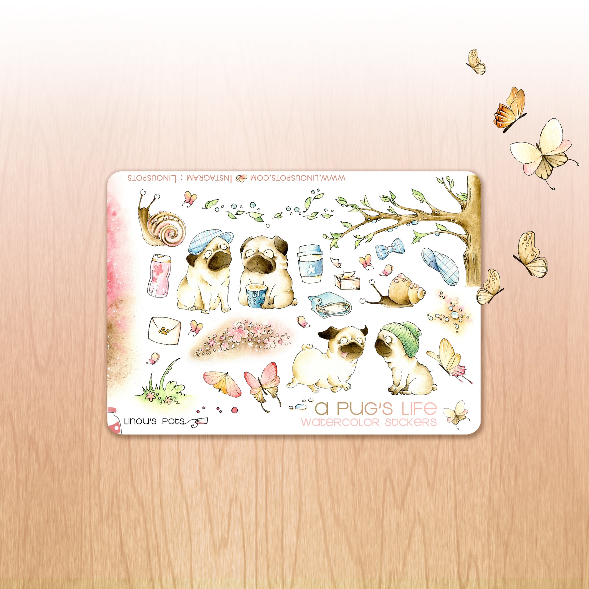 A Pug&#39;s Life - Decorative Watercolor Stickers MINI - Pugs, Snails, Nature