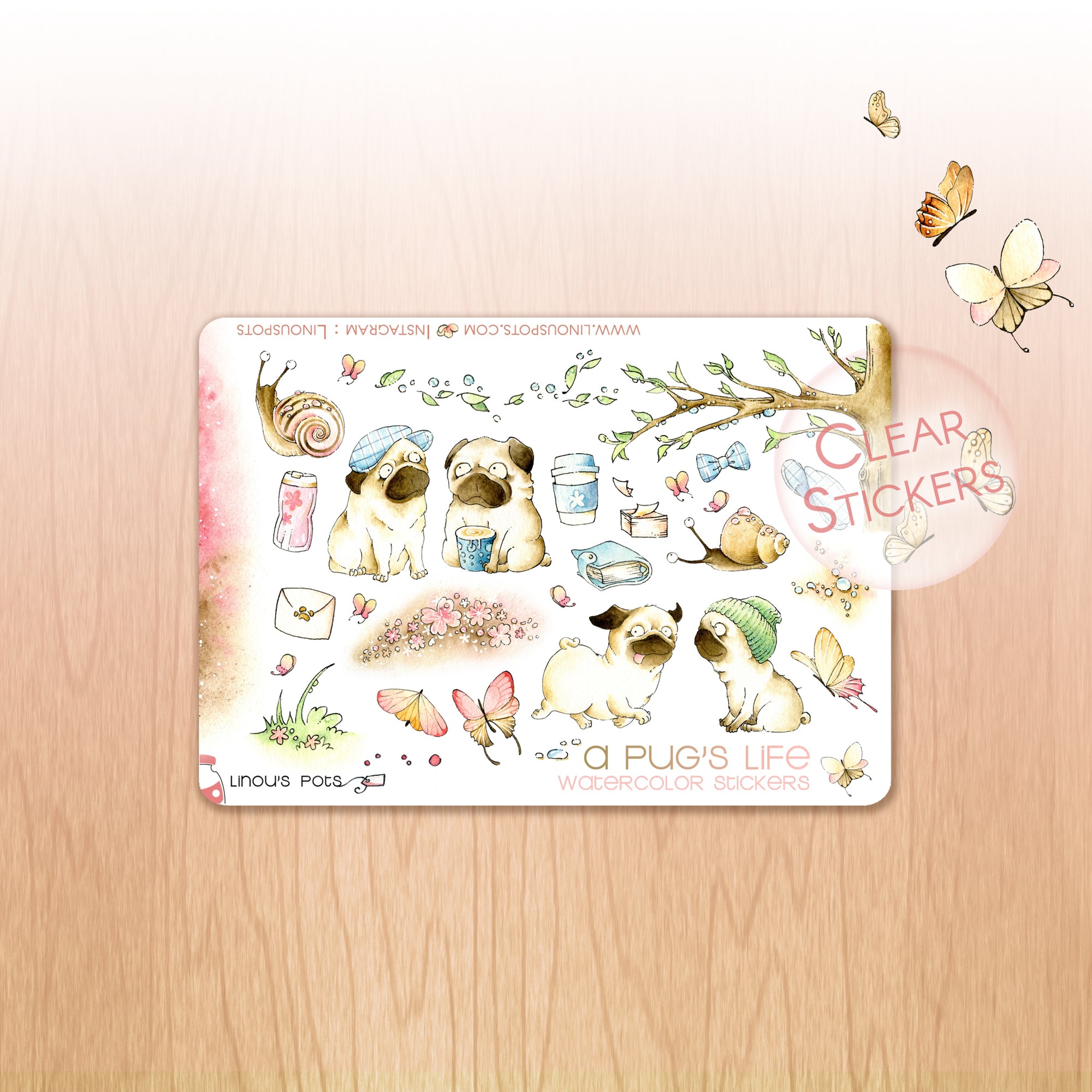 A Pug&#39;s Life - Decorative Watercolor Stickers MINI - Pugs, Snails, Nature