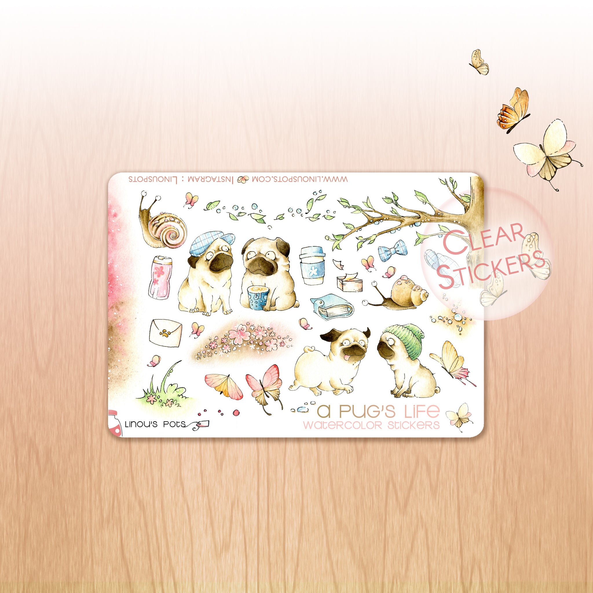 A Pug&#39;s Life - Decorative Watercolor Stickers MINI - Pugs, Snails, Nature