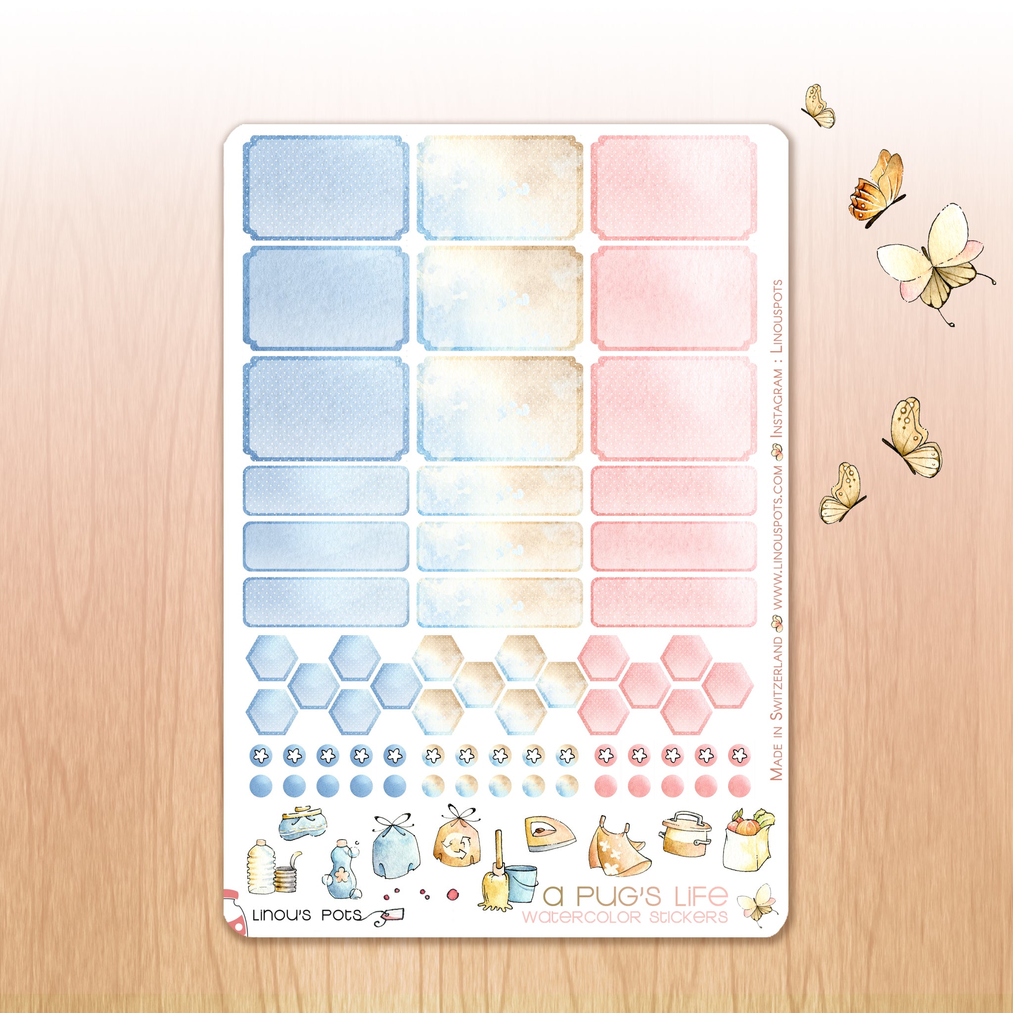 A Pug&#39;s Life - Watercolor Planner Stickers - 1,5’’ Hemiboxes &amp; Eventboxes